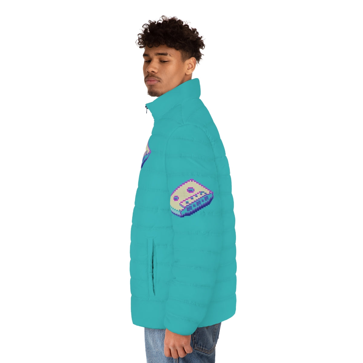 Retro vaporwave cassette puffer jacket with pixel art design - men side left