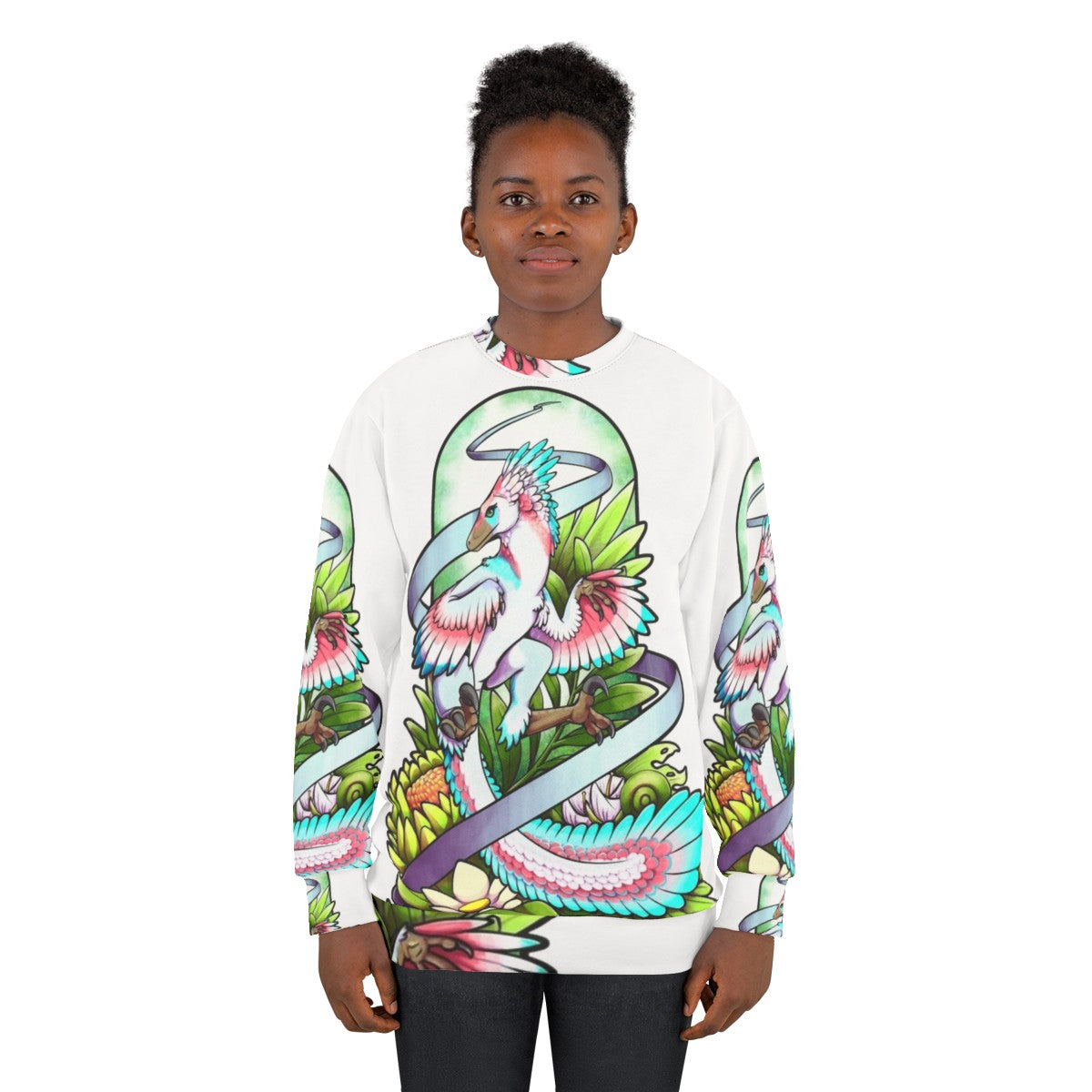 Sylveraptor dinosaur raptor sweatshirt with nature inspired design - women