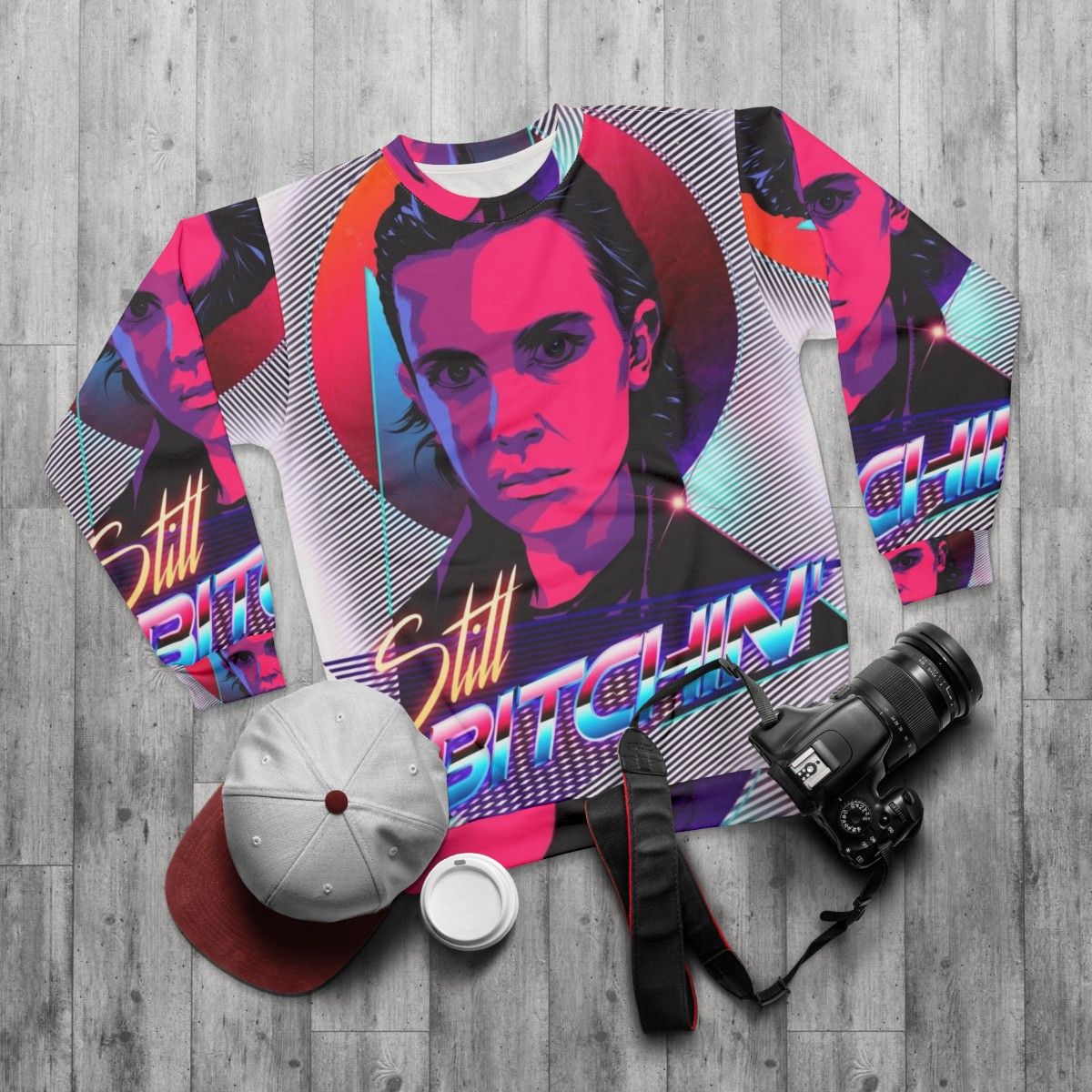 Retro Eleven Is Still Bitchin' Sweatshirt featuring Millie Bobby Brown from Stranger Things - flat lay