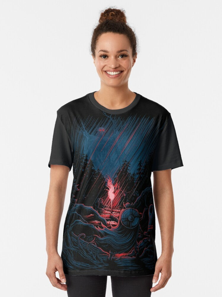 Valheim-inspired fantasy graphic t-shirt featuring a Viking warrior in a forest setting with an axe and shield. - Women