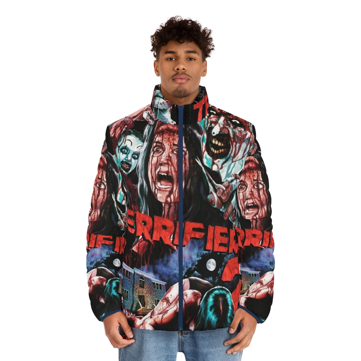 Terrifier 2 Art the Clown Puffer Jacket featuring the iconic horror movie character - men front