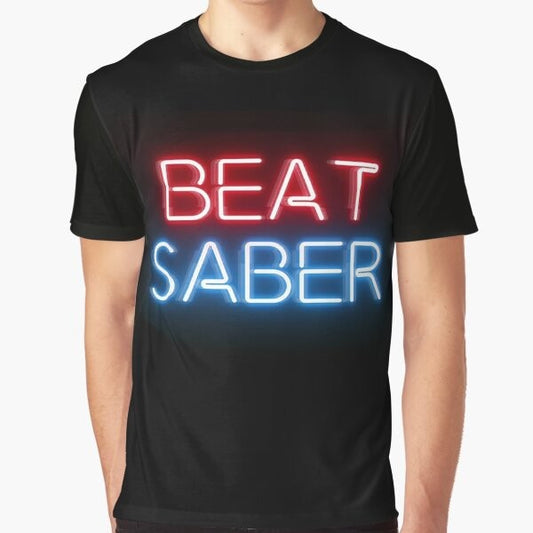 A vibrant and stylish Beat Saber-inspired virtual reality graphic t-shirt.