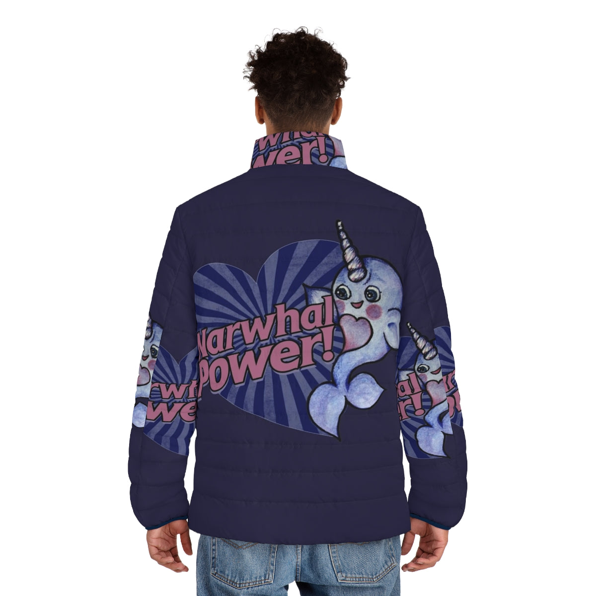 A cozy and stylish narwhal power puffer jacket in blue and purple - men back