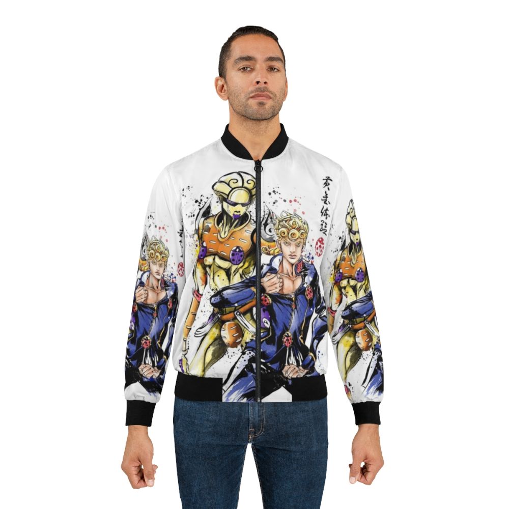 Watercolor anime-inspired bomber jacket with vibrant colors and patterns - Lifestyle