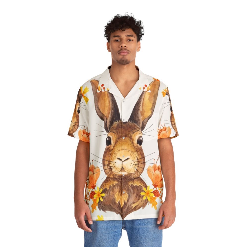 Autumn Bunny Hawaiian Shirt with Watercolor Floral Print - People Front