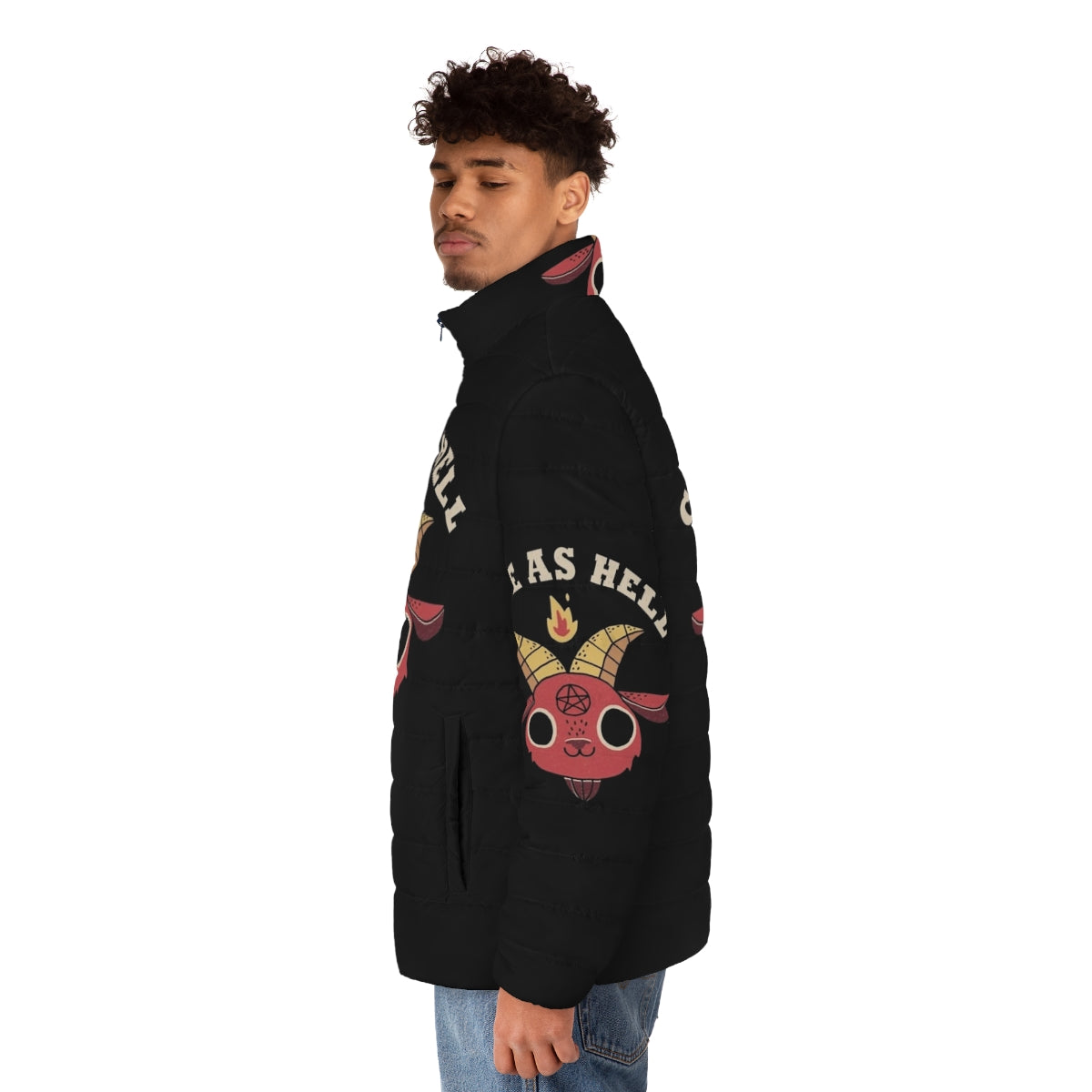 Retro-inspired puffer jacket with a cute devil/demon character design - men side left