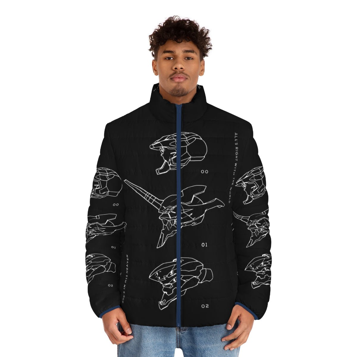 Evangelion Puffer Jacket featuring the iconic Eva Units - men front