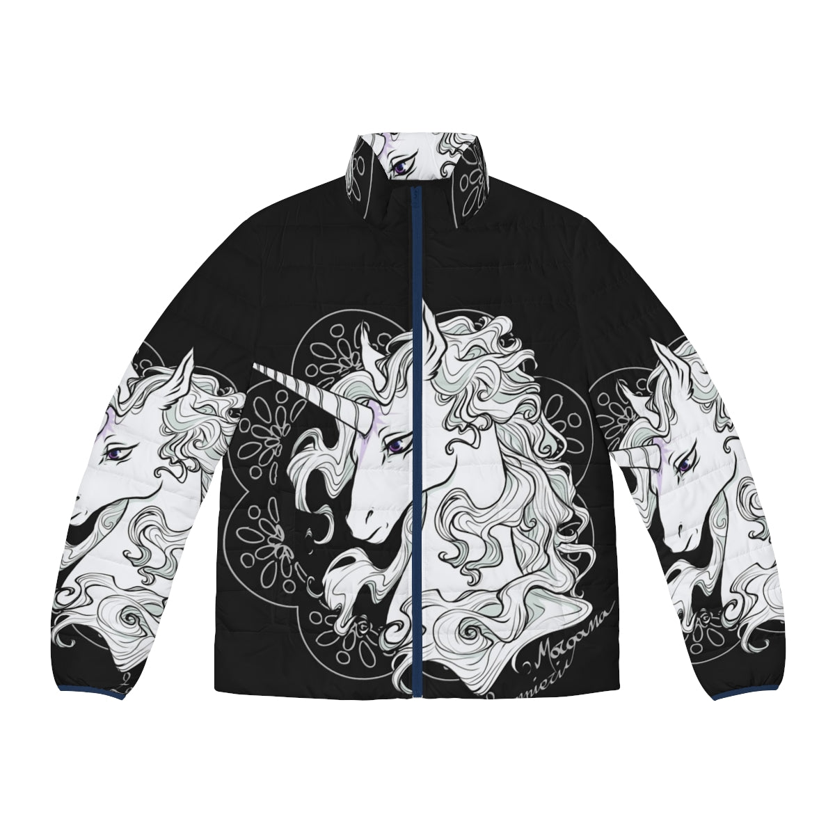 The Last Unicorn Black Puffer Jacket featuring a majestic unicorn design