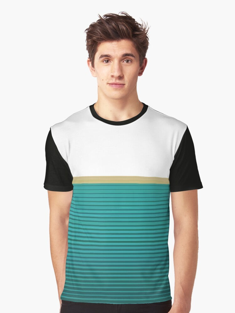 Graphic t-shirt featuring an abstract design in teal, gold, and black colors, with a "Alive with Pleasure Hopefully" text element. - Men