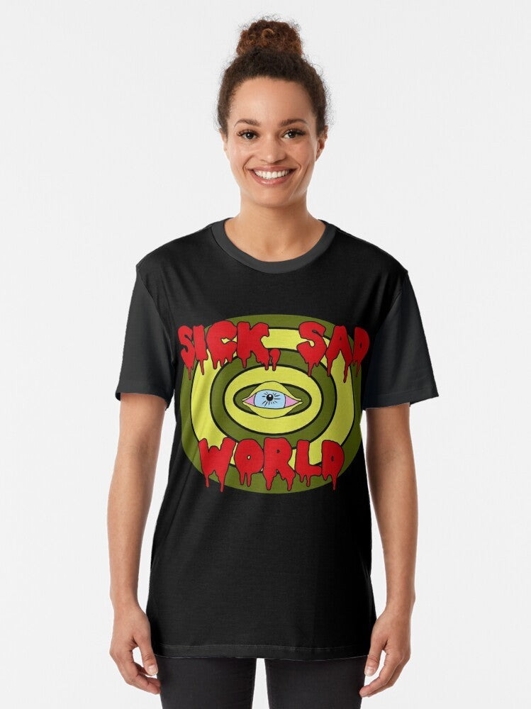 "Sick Sad World" 90s grunge graphic t-shirt with eye and slime design - Women