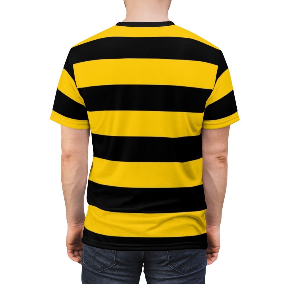 A high-quality all-over print t-shirt featuring a stylized bee pattern with black and yellow striped background. - men back