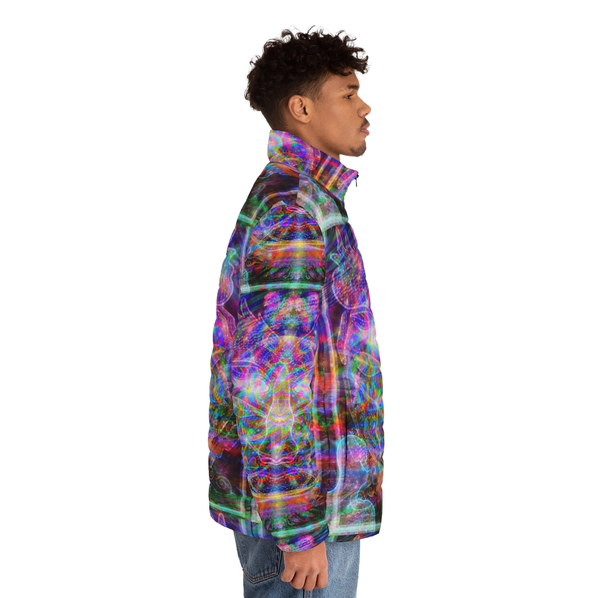 Metaphysical Realms Puffer Jacket - Visionary psychedelic clothing for the spiritual seeker - men side right