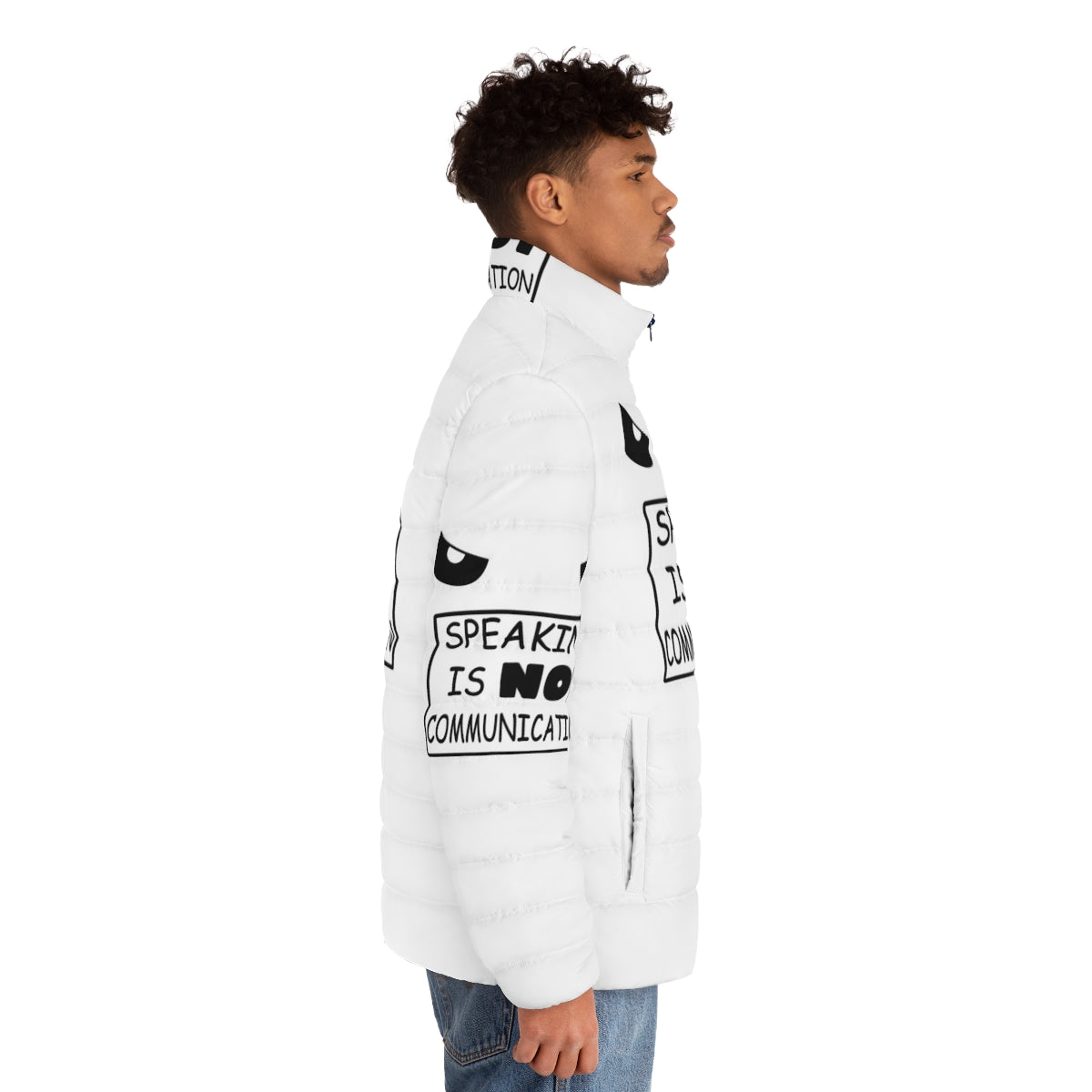 A stylish puffer jacket featuring an anime-inspired graphic design with the text "Speaking Is Not Communication". - men side right