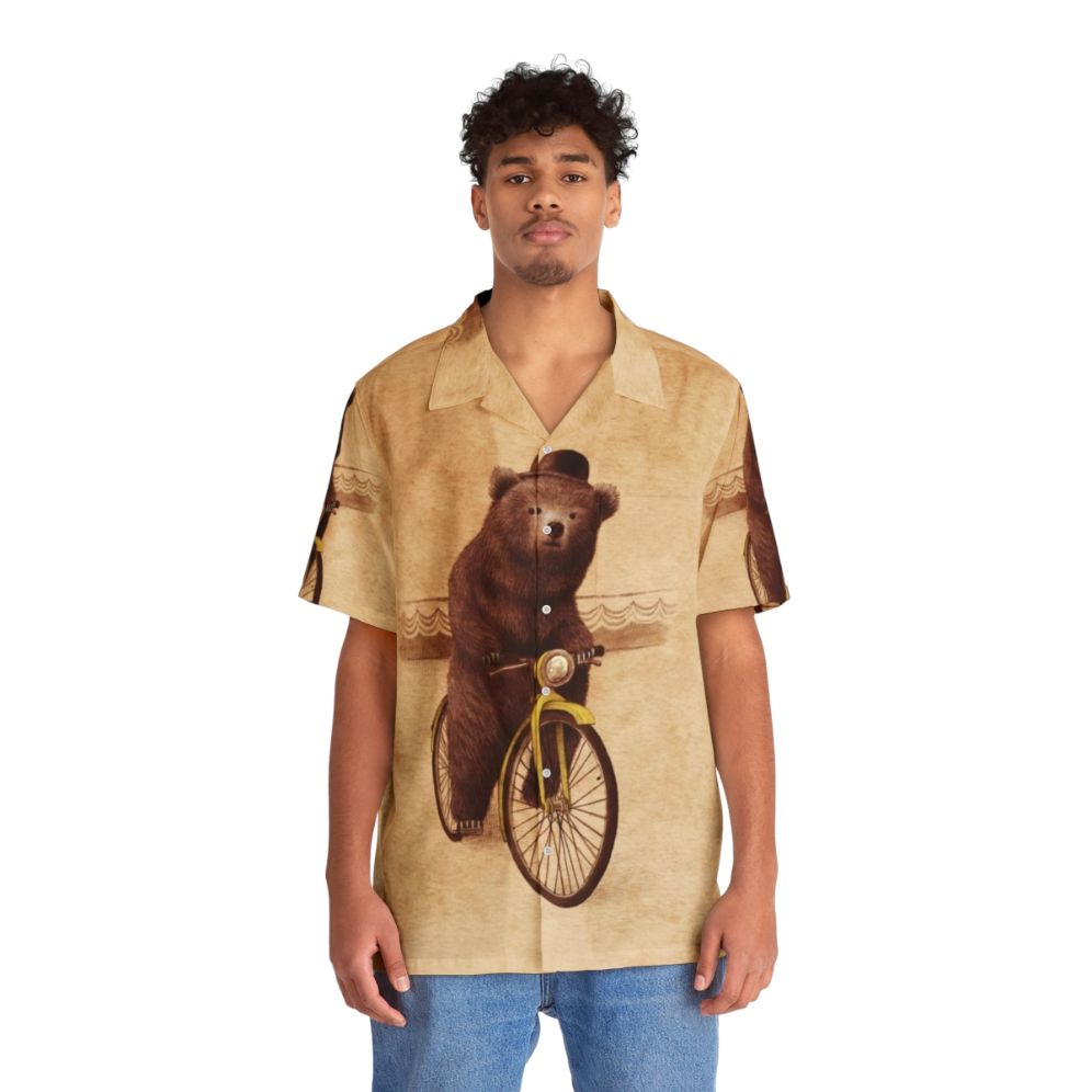 Barnabus Retro Hawaiian Shirt with Surreal Bear Cycling Illustration - People Front