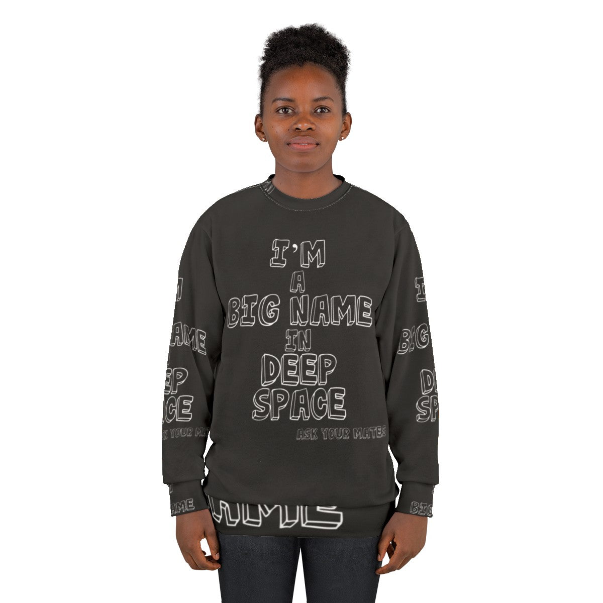 Deep space themed sweatshirt featuring indie band logo - women