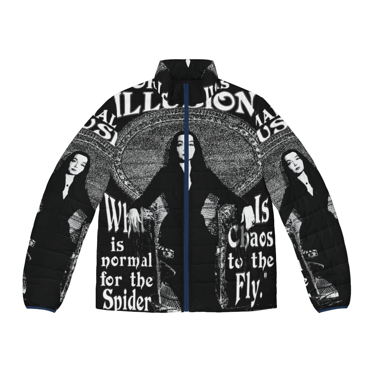 Morticia Addams inspired puffer jacket with "Normal Is An Illusion" quote