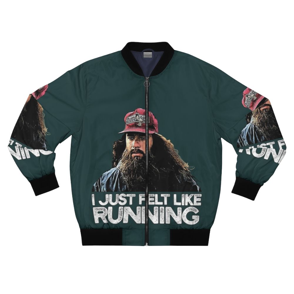 A bomber jacket with a Forrest Gump inspired "I Just Felt Like Running" design and Bubba Gump references.