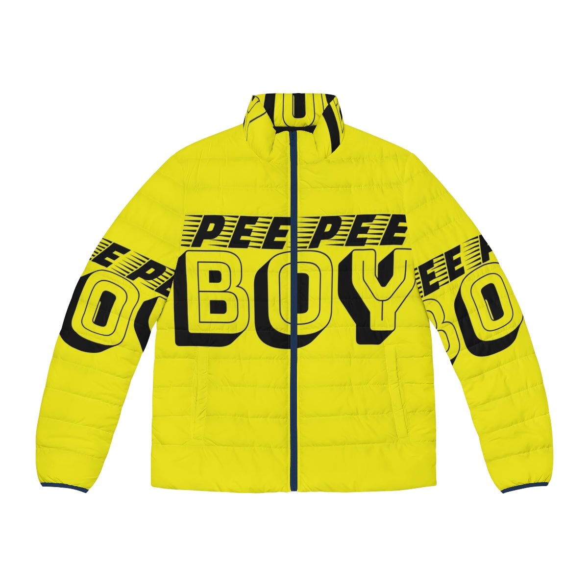 A puffer jacket with the words "Pee Pee Boy" printed on it, in a yellow and black color scheme.