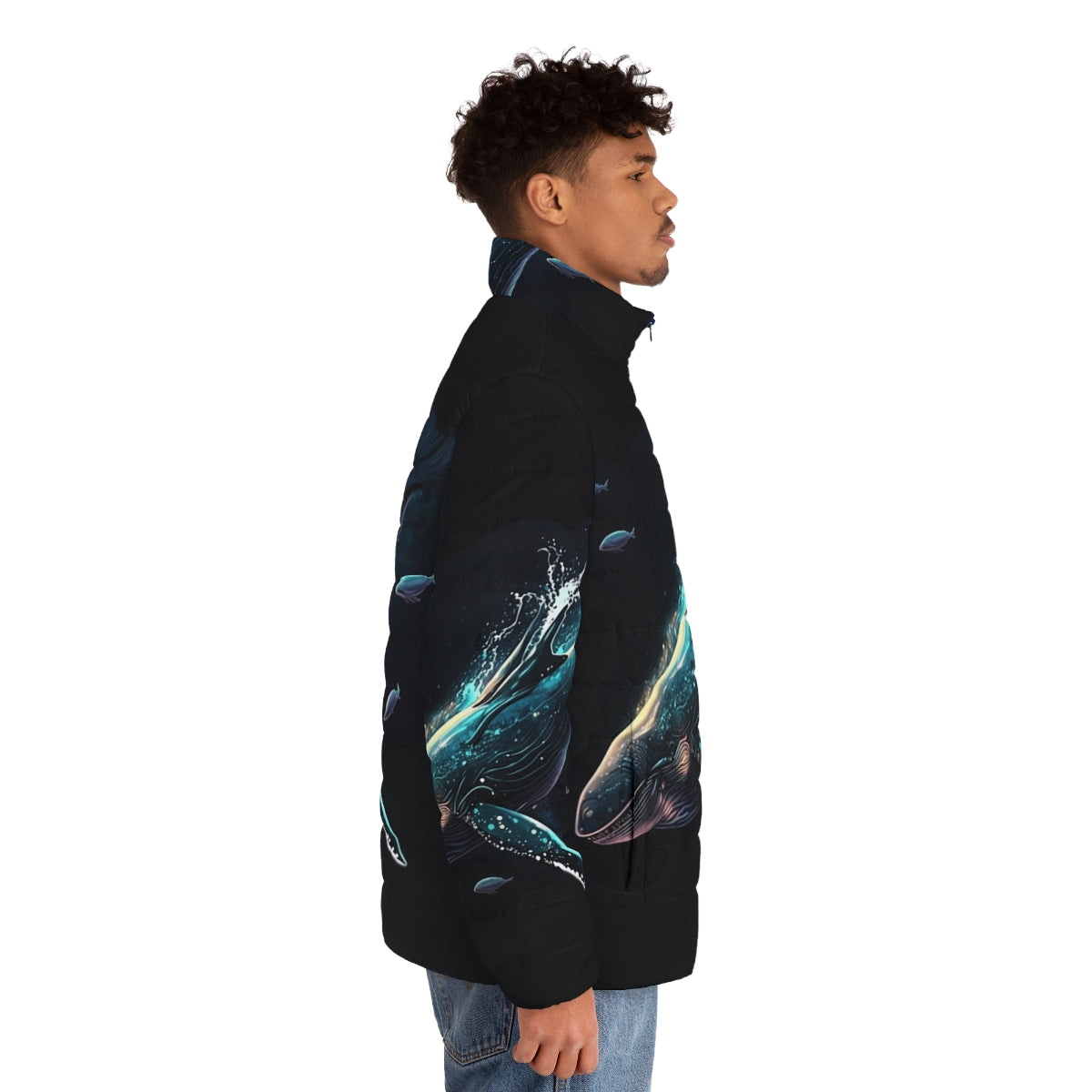 Mythical sea creature puffer jacket featuring enchanted, whimsical beasts - men side right