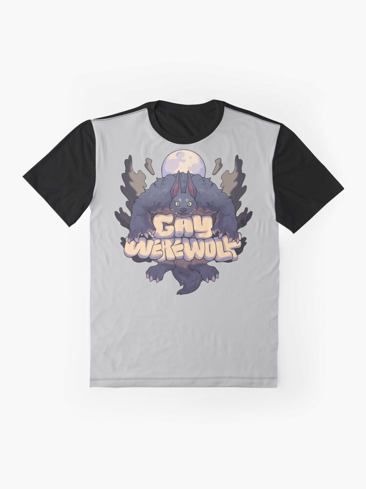 Graphic t-shirt with a werewolf design in pride colors, representing the LGBTQ+ community - Flat lay