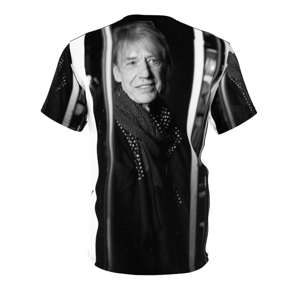 Black and white portrait of French musician Jean Louis Aubert printed on a high-quality t-shirt - Back