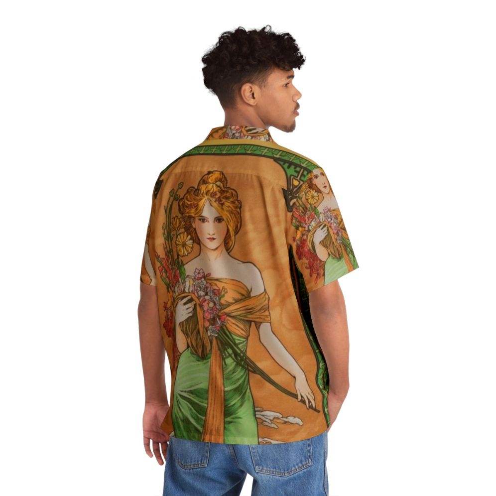 Alphonse Mucha inspired Hawaiian shirt with floral and seasonal designs - Flat lay