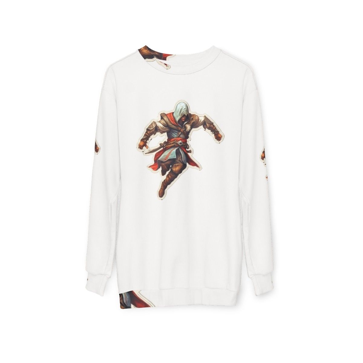 Assassins Creed Sticker Sweatshirt with Fan Art Design - hanging