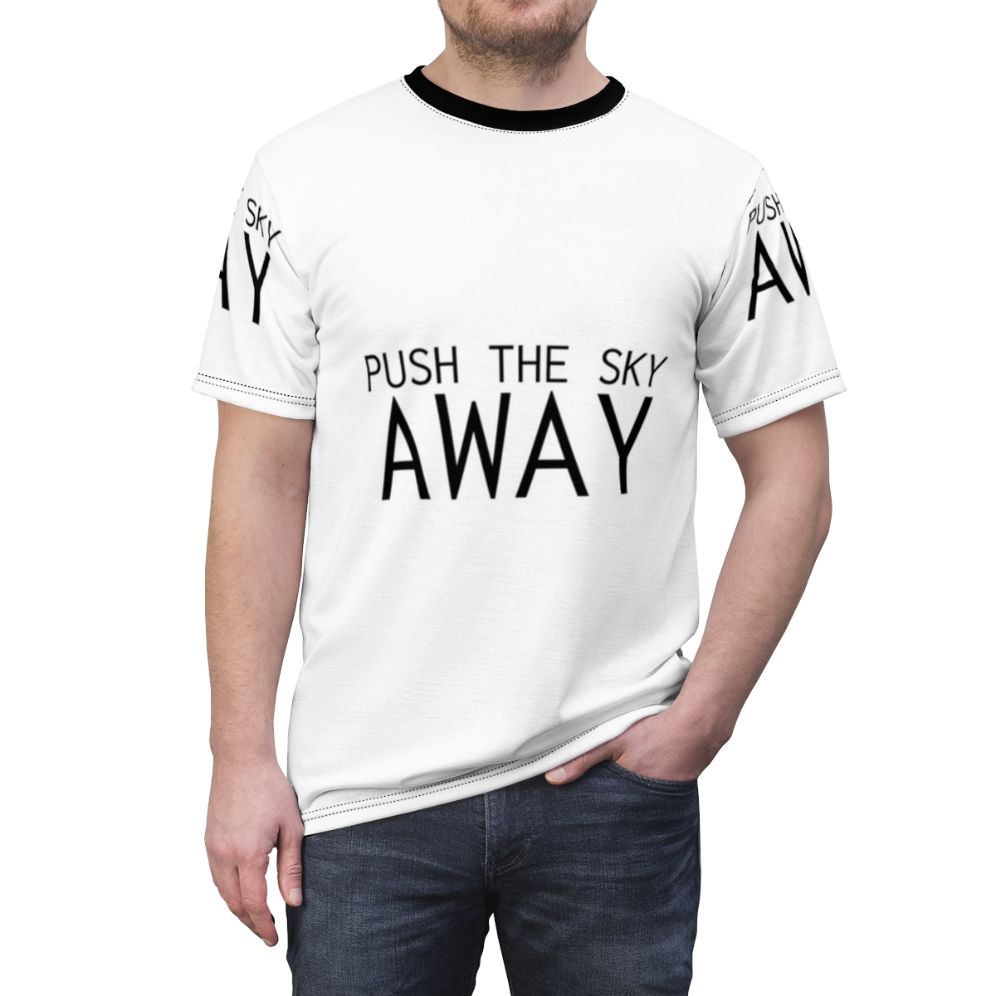 A stylish AOP t-shirt featuring a Nick Cave quote "Push The Sky Away". - men front