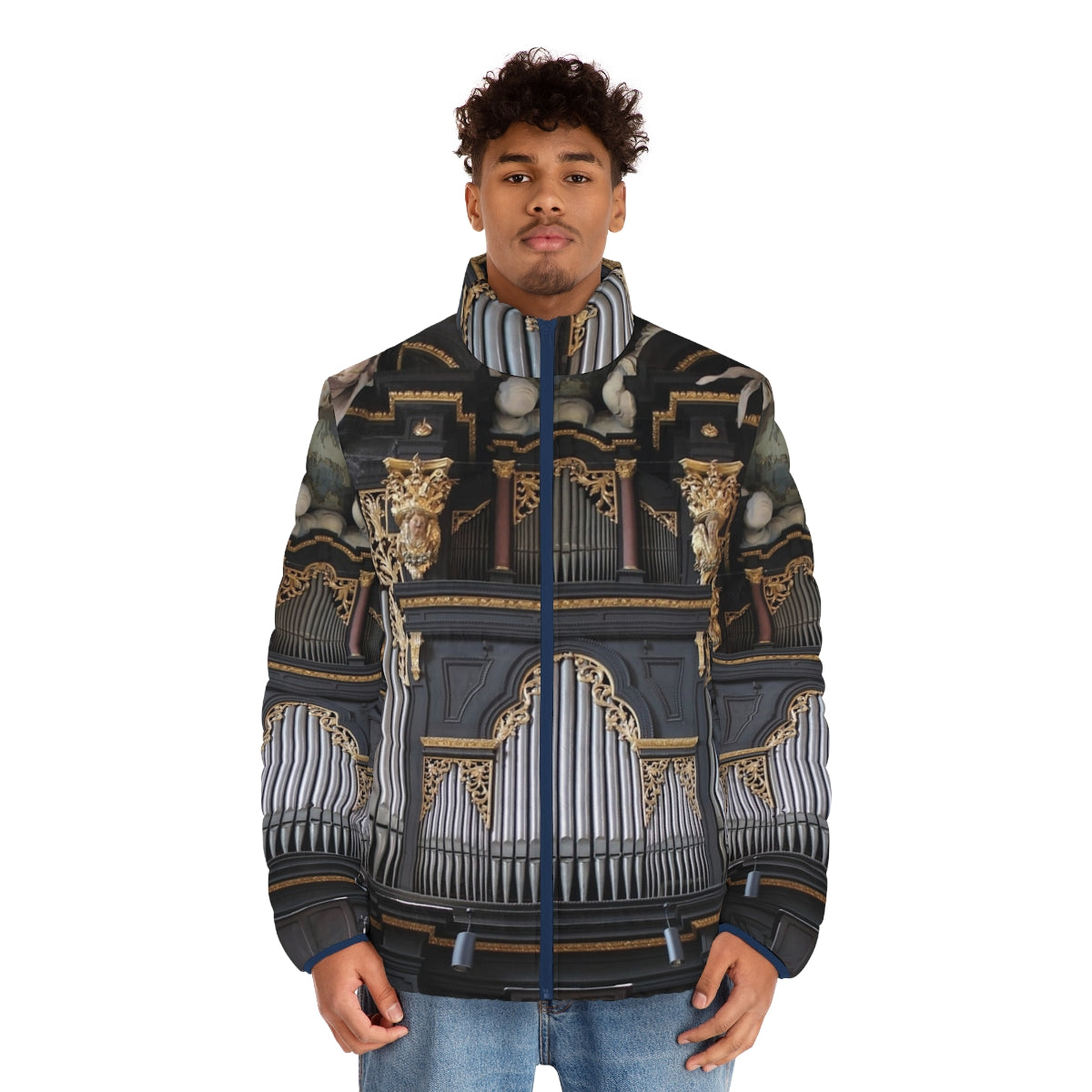 Puffer jacket featuring the iconic pipe organ of St. Emmeram Church in Regensburg, Germany - men front