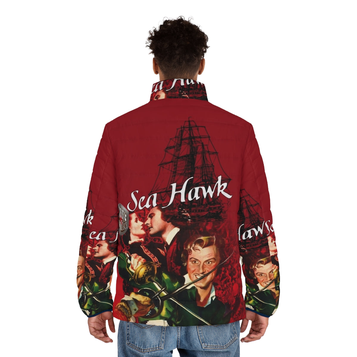 Vintage Sea Hawk puffer jacket with Errol Flynn-inspired pirate and nautical design - men back