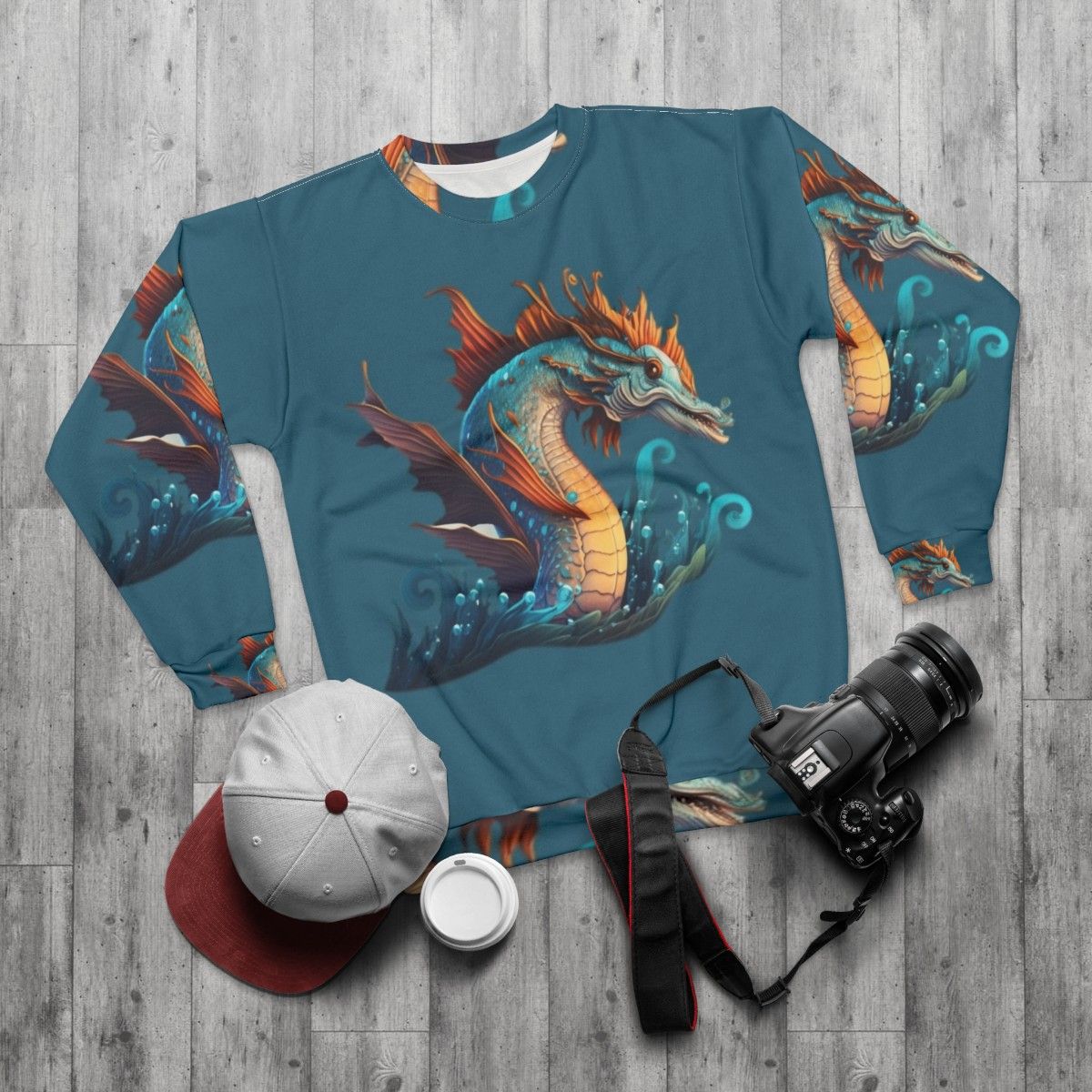 Mythical sea creature sweatshirt with fantasy animals and legendary beasts - flat lay