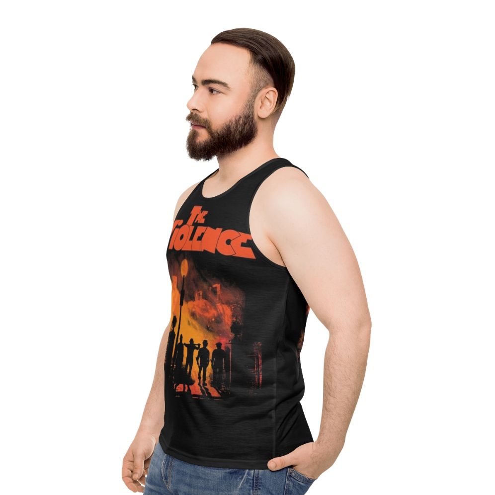 Unisex horror movie tank top with violent, spooky, and humor-filled design - men side