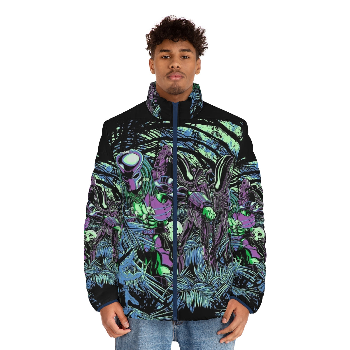 Neon puffer jacket with alien vs predator inspired sci-fi jungle design - men front