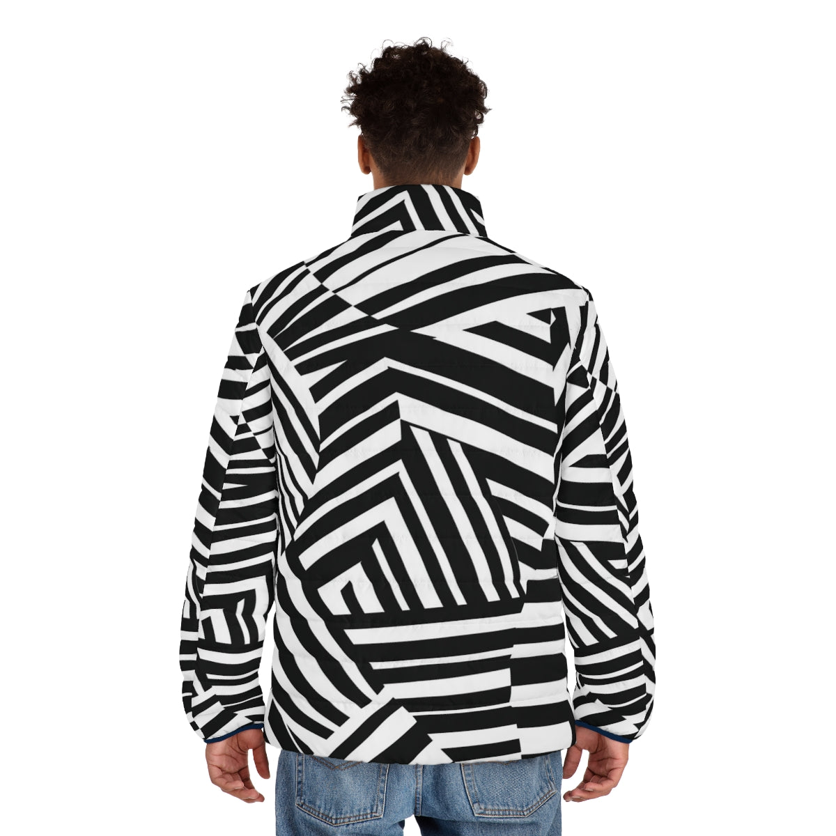 Model wearing a minimalist dazzle camouflage puffer jacket - men back