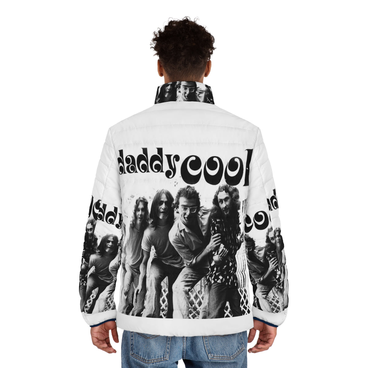 Puffer jacket with Ausrock Daddy Cool design, featuring music-inspired graphics - men back