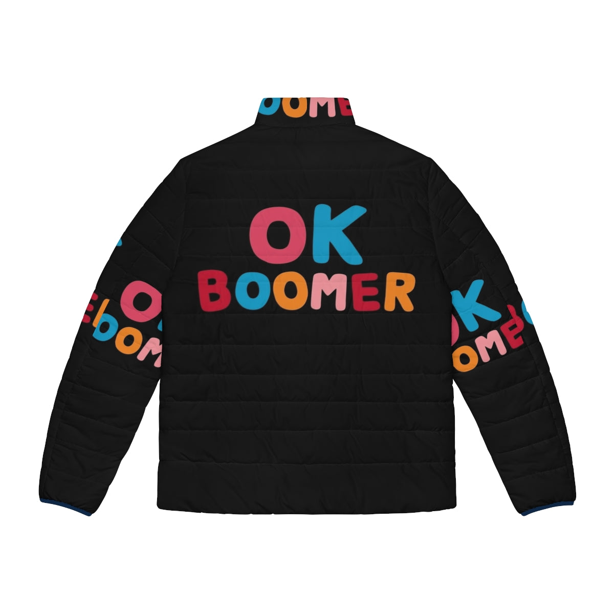 A vibrant "Ok Boomer" puffer jacket featuring bold typography and colorful graphic prints. - Back