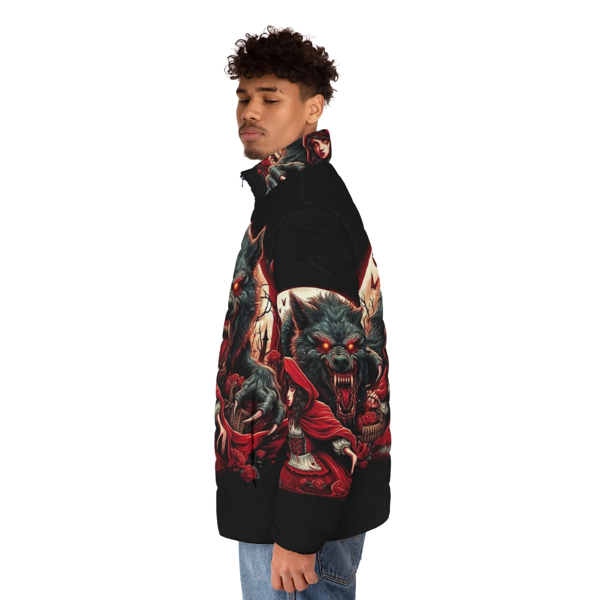 A red puffer jacket with a hooded design, inspired by the classic fairy tale of Red Riding Hood and her encounter with the wolf. - men side left