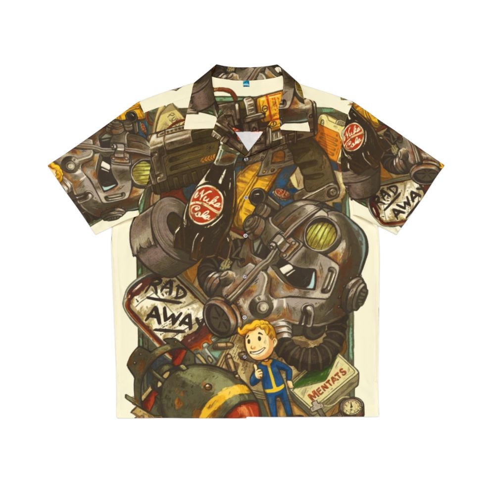 Fallout-inspired Hawaiian shirt with Vault Boy, Nuka Cola, and power armor elements