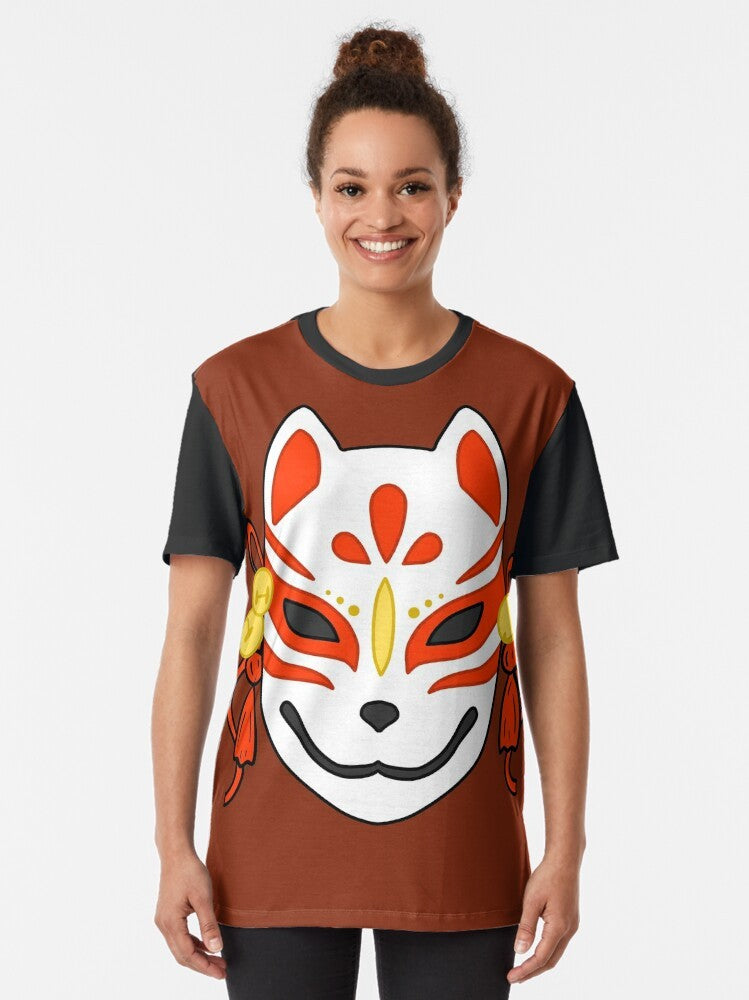 Kitsune mask graphic t-shirt featuring a traditional Japanese fox design - Women