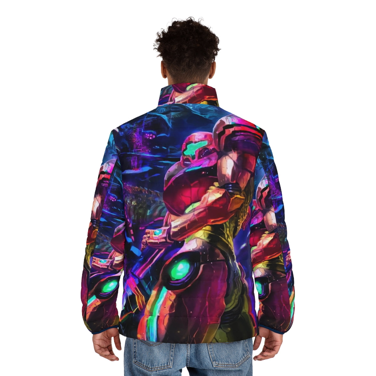 Samus Aran inspired Metroid puffer jacket featuring retro video game design - men back