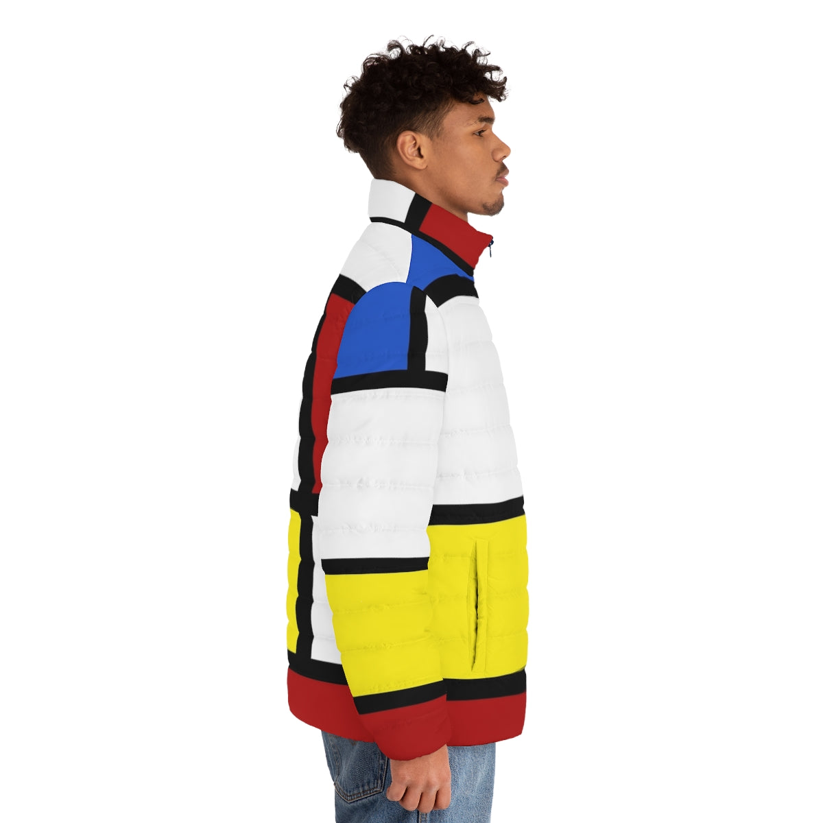 Retro 60s mod style puffer jacket with box pattern in red, white and blue colors - men side right