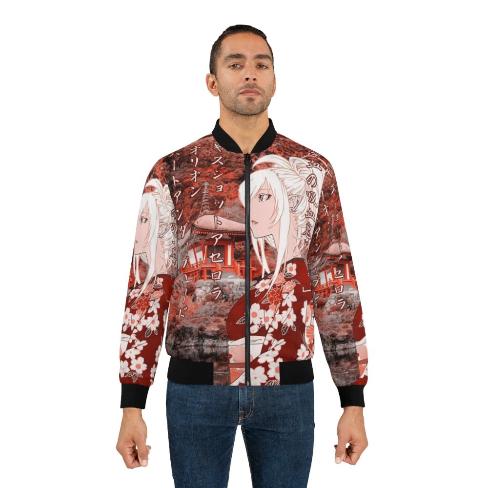 A stylish bomber jacket featuring the character Kiss-Shot Acerola-Orion Heart-Under-Blade from the Monogatari series, with a beautiful Japanese yukata-inspired design. - Lifestyle