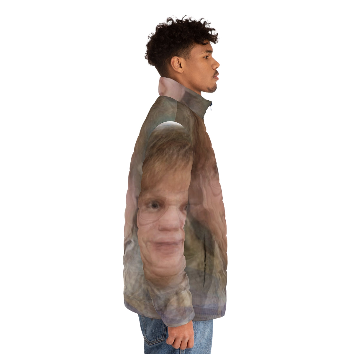 Chris Farley Portrait Puffer Jacket featuring experimental and abstract photographic overlay design - men side right