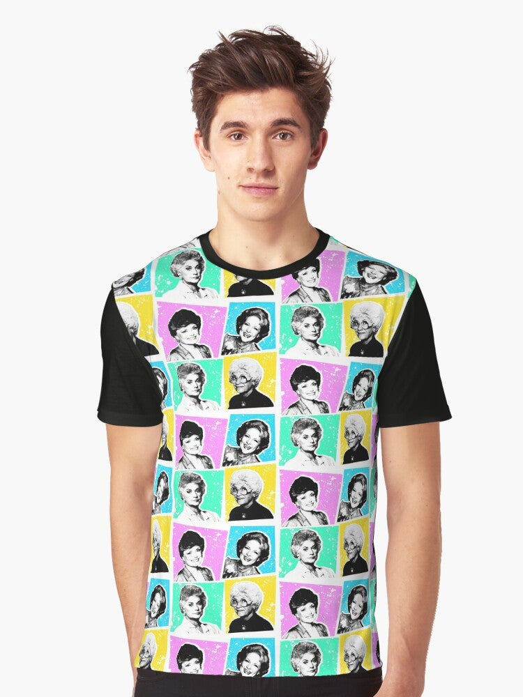 The Golden Girls Pop Art Graphic T-Shirt featuring the iconic characters Betty White, Bea Arthur, Rue McClanahan, and Estelle Getty. - Men