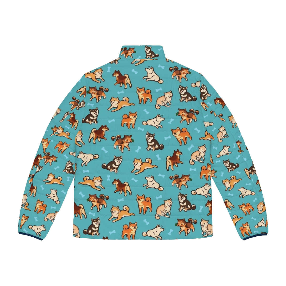 Shiba inu wearing a blue puffer jacket with a cute dog pattern - Back