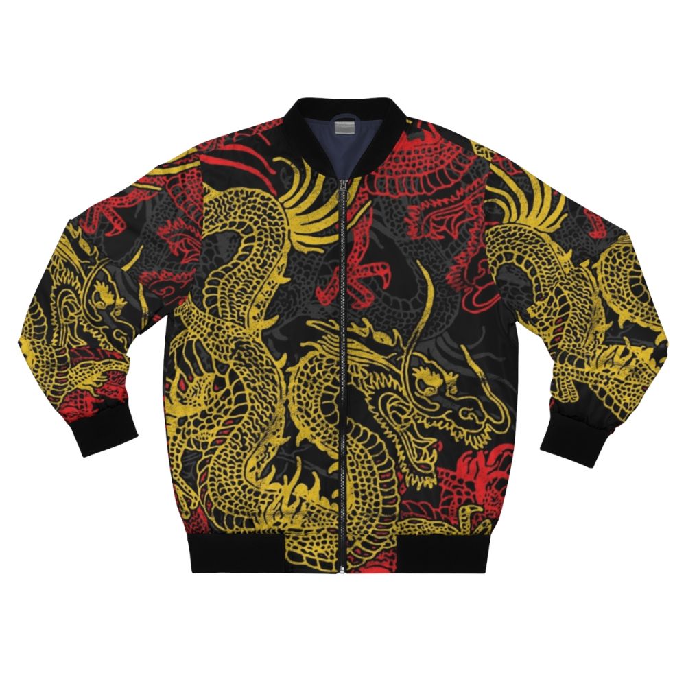 Bomber jacket with a golden Chinese dragon pattern, a mythical creature design.