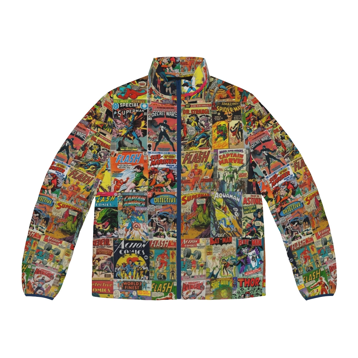 Vintage comic book pattern puffer jacket with colorful superhero graphics