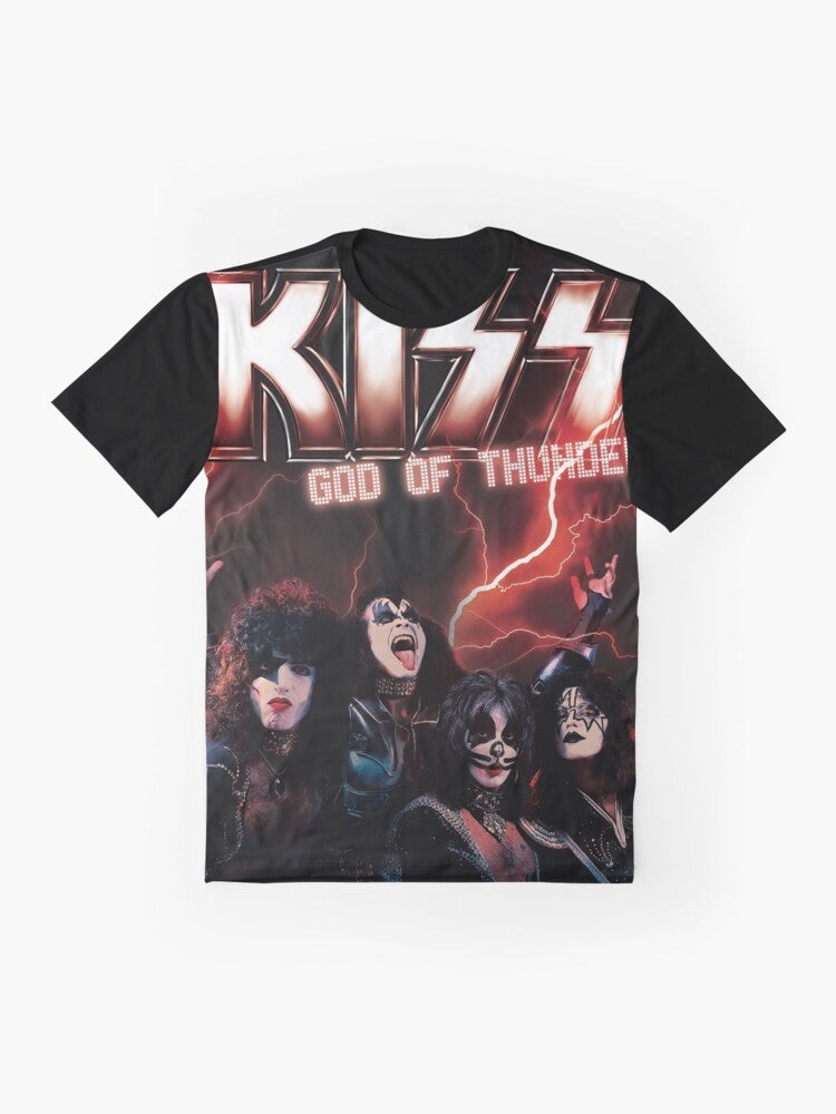 KISS band members performing on stage with the God of Thunder graphic design - Flat lay