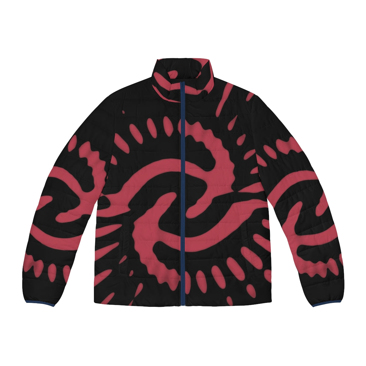 1970 pink puffer jacket with abstract time vortex pattern