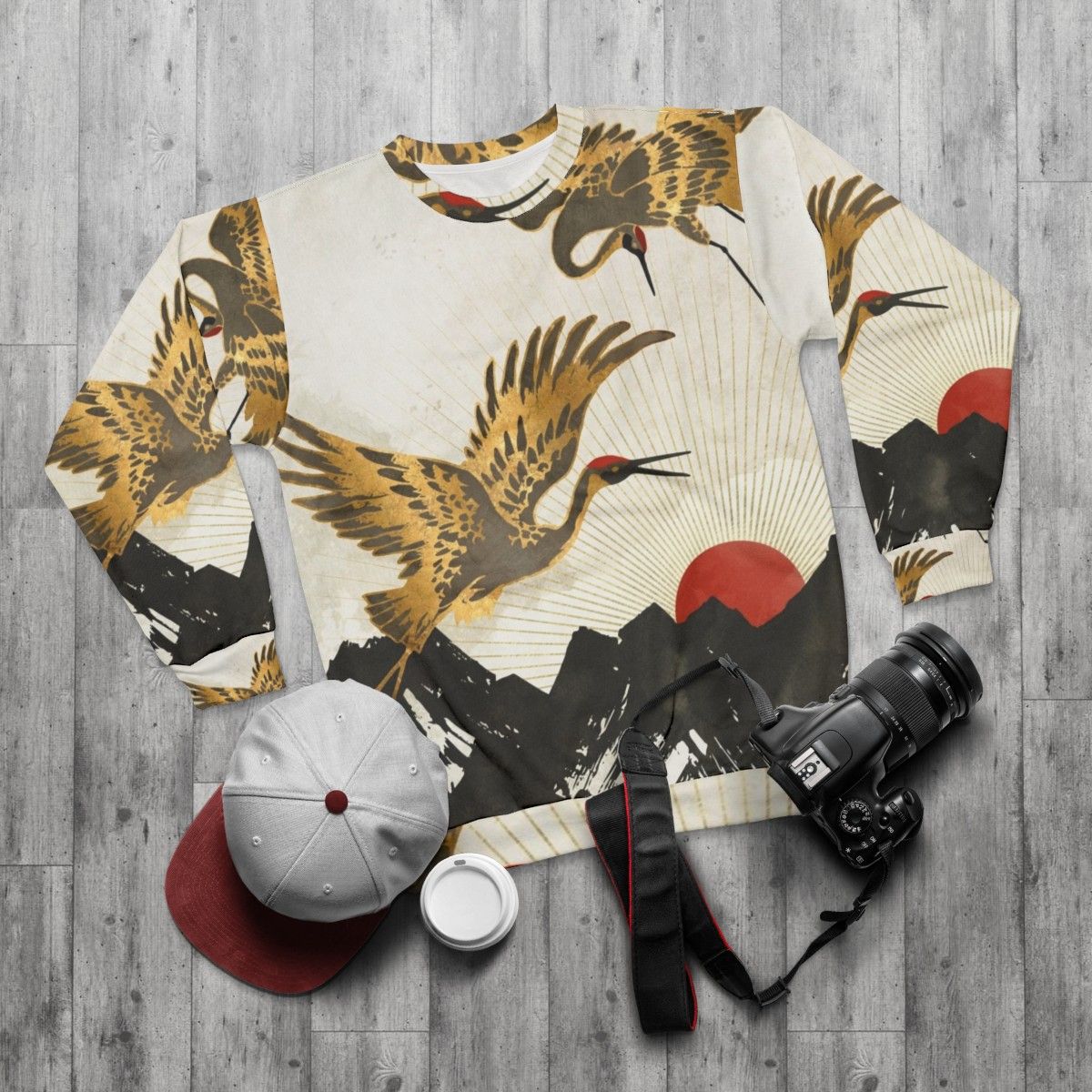 Elegant Flight Crane Sweatshirt with Nature and Landscape Design - flat lay